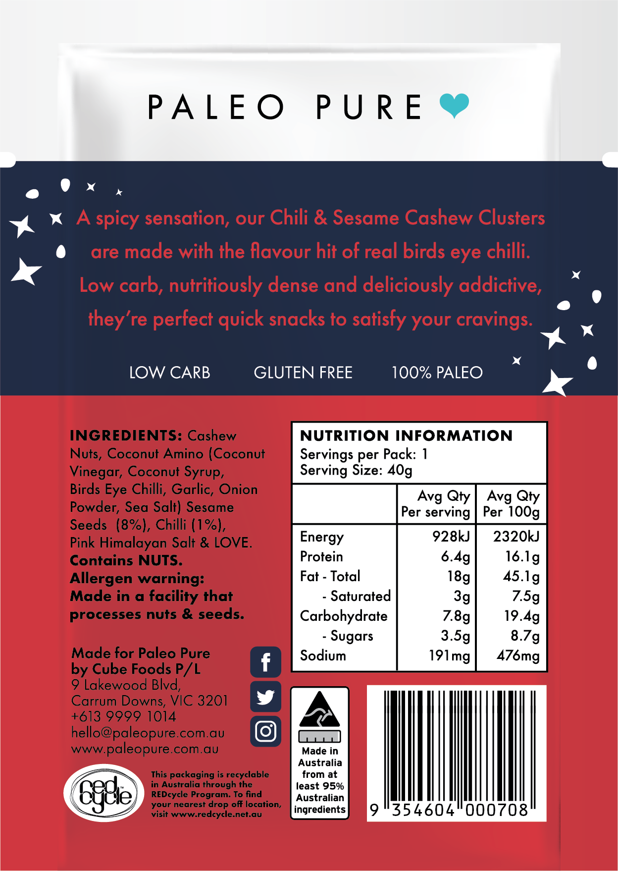 Grab & Go- Cashew Clusters - Chilli Sesame - Box of 6 x 40gm